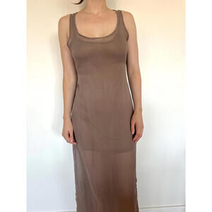 Brown Double Layer Sheer Vintage Tie Back Maxi Dress